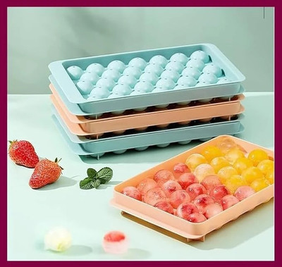 Zupaya Mini Round Ice Cube Tray with Lid Ball Maker for Fresh Juice,Mocktails Pack of 2 Blue, Pink Plastic Ice Ball Tray(Pack of2)