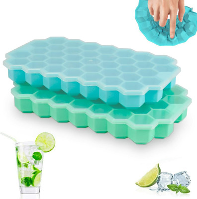 Eagean Upgrade Ice Cube Trays, 2 Pack Silicone Flexible Ice Cube Trays with Lid Blue, Green Silicone Ice Cube Tray(Pack of2)