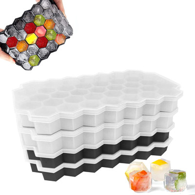 DHONI Superior Hexagonal Shape Silicone Ice Mold with Sealing Lid,Durable Ice Trays Black, White Silicone Ice Cube Tray(Pack of4)