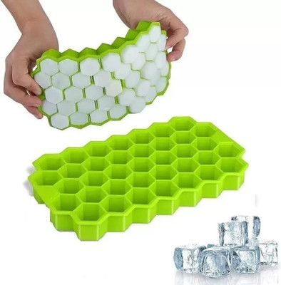 DEALBOOTH 37 Grid Hexagon Shape Flexible Honeycomb Ice Tray/Dish for Freezer Green Silicone Ice Cube Tray(Pack of2)