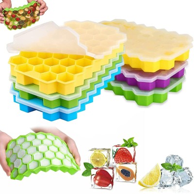 vency shoppy Honeycomb Soft Ice Cube Tray With Lid Flexible 37 Grids for Cocktail Fruit Juice Multicolor Silicone Ice Cube Tray(Pack of6)
