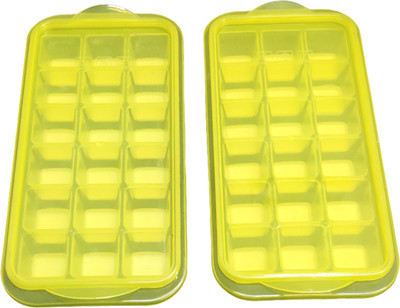 Gift Collection Pop Up Ice Cube Tray With Flexible Silicon Bottom And Lid,36 Cube Tray Yellow Plastic, Silicone Ice Cube Tray(Pack of2)