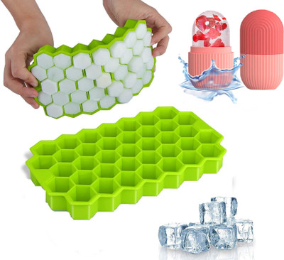 OM ENTRPRISE Flexible Silicone Honeycomb 37 Cavity Ice Cube Tray and Face Ice Roller Multicolor Silicone Ice Cube Tray(Pack of1)