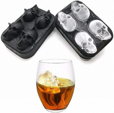 4tens 3D Skull Shape Silicone Reusable Odorless Ice Cube Tray With Lid, Ice Mould Black Silicone Ice Ball Tray(Pack of1)