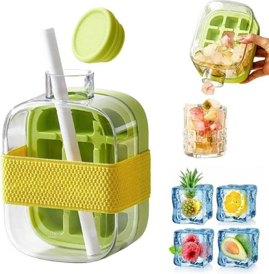 SKYTONE 2 in 1 Zero Touch Press Ice Cube Mold Water Bottle with Lid and Bin Multicolor Plastic, Silicone Ice Cube Tray(Pack of1)