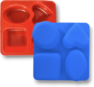 Grih Soukhya 4 Slots Multi Shape(Heart, Square, Oval, Round) Silicone Mould Multicolor Silicone Ice Cube Tray(Pack of2)