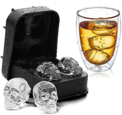 Stadash 3D Skull Silicone Ice Molds for Whiskey, Halloween Skull Ice Cube Tray Maker Black Silicone Ice Ball Tray(Pack of1)