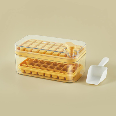 KUBER INDUSTRIES 2 Layer Ice Cube Tray with Lid| 64 Ice Cube Molds for Freezing|BPA Free| Orange Orange Plastic Ice Cube Tray(Pack of1)