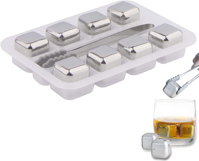 Modinity Stainless Steel 8PC ICE Cube Whiskey Stones Ice Cubes with Tongs & Container Silver Steel Ice Cube Tray(Pack of1)