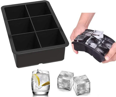 Giffy ® Food Grade Square Silicone 6 Cavity Large Size Ice Cube Tray with Lid Cover. Black Silicone Ice Cube Tray(Pack of1)
