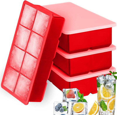 DHONI Large 8 Cavity Square Shaped Ice Cube Tray For Freezer With Lid. Red Silicone Ice Cube Tray(Pack of4)