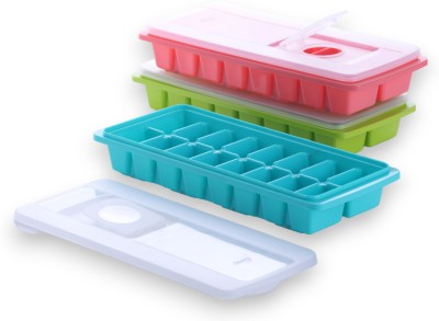 Solomon Ice Cube tray with Easy Release base with Removable Lid Easy Re-filling Flip Top Blue, Green, Red Plastic Ice Cube Tray(Pack of3)