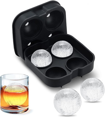 KARP 4-Cavity Silicone Round Sphere Ice Ball Tray with Lids & Funnel Black Silicone Ice Ball Tray(Pack of1)