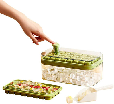 HomeCloud Freezer 2 Layer 64 Compartment with Lid. Easy Release Ice Container Green Plastic Ice Cube Tray(Pack of1)