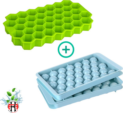 KitchArticles Silicone Honeycomb Ice Tray + Ice Ball Tray (37-Honeycomb+33-Round Ice Cubes) Green, Blue Silicone, Plastic Ice Cube Tray(Pack of2)