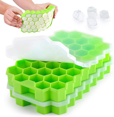 curve creation Flexible Silicone Ice Cube Tray 37 Grids Cavity 2 Tray for Freezer With Lid Green Silicone Ice Cube Tray(Pack of2)