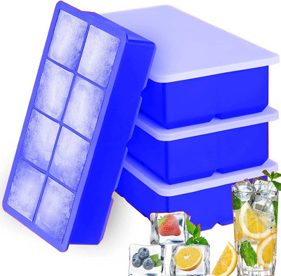 DHONI Large Square Shaped Ice Cube Tray For Freezer With Lid. Blue Silicone Ice Cube Tray(Pack of4)