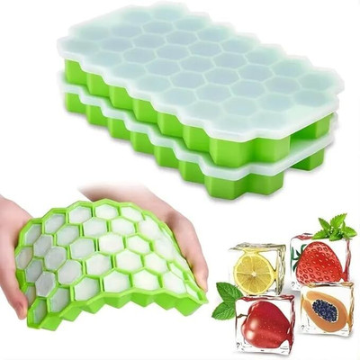 vitzie Plastic Mini Round Ice Cube Tray with Lid Ball Maker for Fresh Juice, Mocktails, Green Silicone Ice Cube Tray(Pack of2)