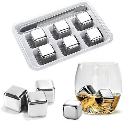 4tens 6Pcs Whiskey Stones Set Reusable Ice Cubes Chilling Stones with Ice Tongs Silver Steel Ice Cube Tray(Pack of6)