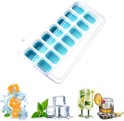 Masox Store Ice Cube Tray for Freezer with Lid 14 Cavaties with Pop Up Easy Release Bottom Blue Silicone Ice Cube Tray(Pack of1)