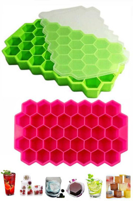 DHONI Hexagonal Shape Flexible 37 Lattice ice cube trays for freezer with lid Multicolor Silicone Ice Cube Tray(Pack of2)