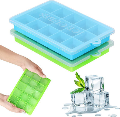 Eagean Silicone Ice Cube Trays with Lids, 2 Pack Ice Tray Flexible Multicolor Silicone Ice Cube Tray(Pack of2)