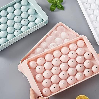 Elpenor Plastic Mini Round Ice Cube Tray With Lid | 33 Cavity, Easy Release Stackable Multicolor Plastic Ice Ball Tray(Pack of2)