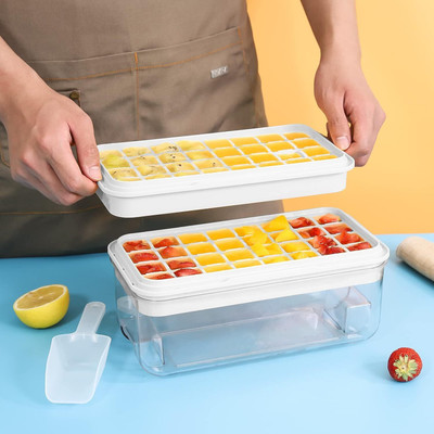 YESMALL Stackable Ice Cube Tray with Storage Box 2 Layer Freezer Fruit & Juice Ice Maker Multicolor Plastic Ice Cube Tray(Pack of1)