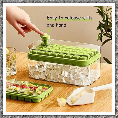 KITANDCO CUBE TRAY WITH LID&BIN Green Plastic Ice Cube Tray(Pack of1)