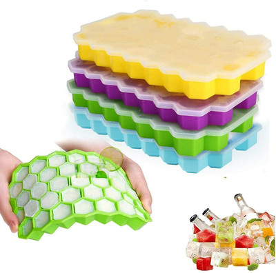Brezzycloud Flexible Silicone Honeycomb Shape IceCube Tray With lid for Cocktail, Whiskey Multicolor Silicone Ice Cube Tray(Pack of4)