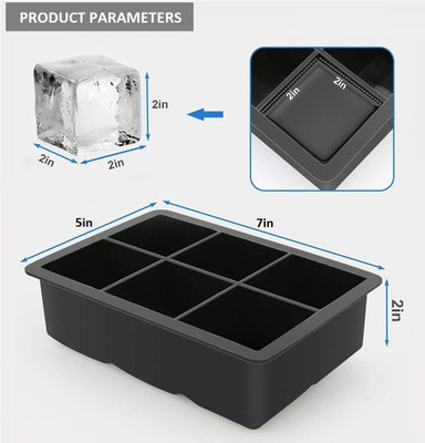 KitchenFest ® 6 Cavity Square Flexible Silicone Large Size Ice Cube Tray with Lid Cover. Black Silicone Ice Cube Tray(Pack of1)