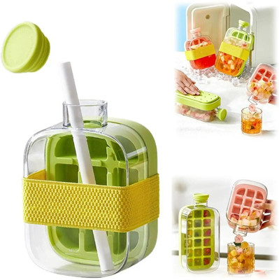 Velmora Ice Cube Mold Bottle with Straw 500 ml 2 in 1 Green Silicone Ice Cube Tray(Pack of1)
