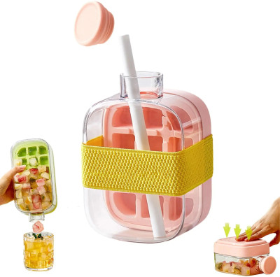 Velmora Silicone Ice Cube Maker Bottle with Straw, 2 in 1 Ice Cube Mold 500ml Pink Silicone Ice Cube Tray(Pack of1)