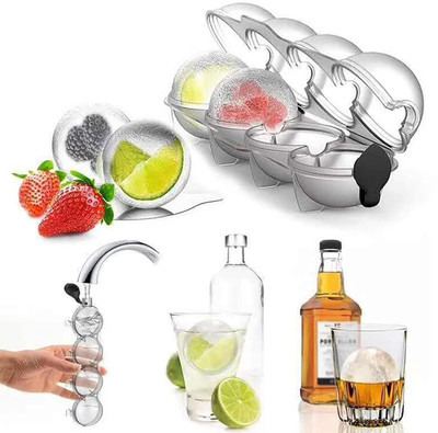 Jexix 4 Big Ice Balls Maker with Lids-1pc Clear Plastic, Silicone Ice Ball Tray(Pack of1)