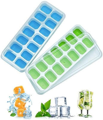 VEWIKZY Silicone Easy-Release and Flexible 14-Ice Cubes Mould with Spill-Resistant Multicolor Plastic, Silicone Ice Cube Tray(Pack of2)