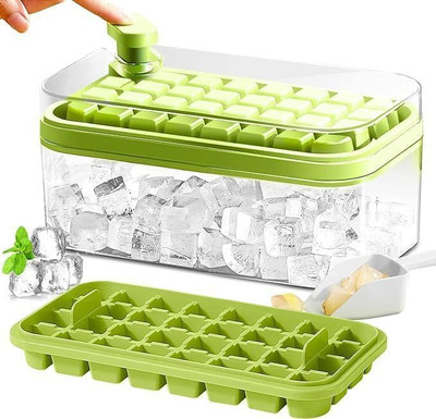 CHEFERYN Plastic Ice Cube Tray with Lid & Bin, Square Ice Cubes Molds with Ice Scoop Multicolor Plastic Ice Cube Tray(Pack of1)