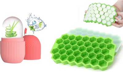 Fiyaan Combo of Honeycomb icecube tray and face roller Green Silicone Ice Cube Tray(Pack of2)