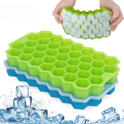 Mobfest ®Eco-Friendly Silicone Honeycomb Shape 37 Cavity Ice Cube Trays With Lid Cover. Green Silicone Ice Cube Tray(Pack of1)