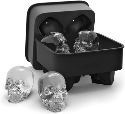 HIKIN SUPERMARKET 3D Skull Ice Mold, Super Flexible Silicone Ice Cube Mold, Makes 4 Giant Skulls Black Silicone Ice Cube Tray(Pack of1)