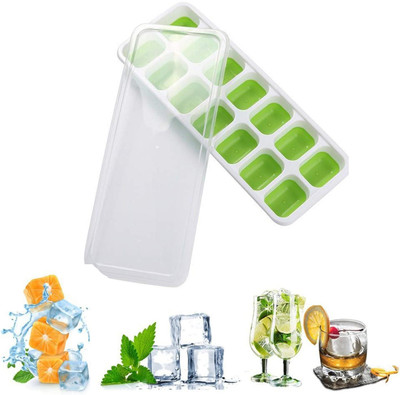 HM EVOTEK Silicone Ice Tray Easy-Release & Flexible 14 cubes with Spill-Resistant Lid Green, White Silicone Ice Cube Tray(Pack of1)