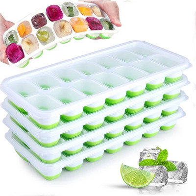 HASTHIP 4 Pack Silicone Ice Cube Tray with Lid, Easy-Release Silicone & Flexible14 White, Green Silicone Ice Cube Tray(Pack of4)