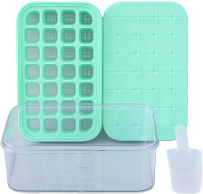 KUBER INDUSTRIES 2 Layer Ice Cube Trays with Storage Box & Ice Scoop | 56 Compartments |Aqua Green Silicone Ice Cube Tray(Pack of1)