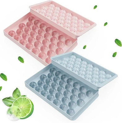 Takshhaven Ice Cube Tray With Lid Set For Freezer Ice Cubes, Balls & Lids Set Pink, Blue Plastic Ice Cube Tray(Pack of2)