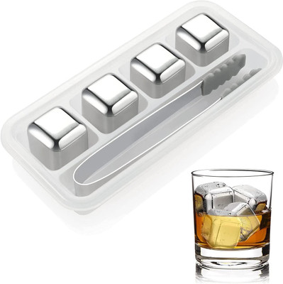 Onprix Steel Whiskey Stones Ice Cubes Set of 4 Pieces with Tongs Silver Steel Ice Cube Tray(Pack of1)