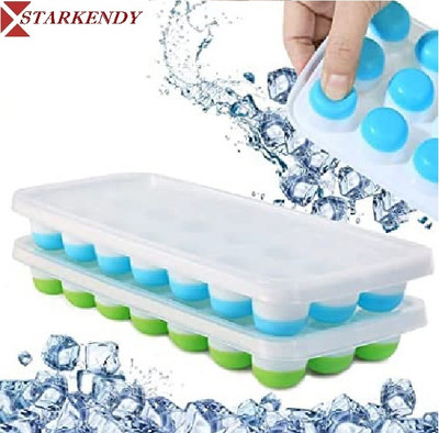 STARKENDY 2 PC With LID 21 Cavity Flexible Stackable Food Grade Warranty BPA free Multicolor Silicone Ice Cube Tray(Pack of2)