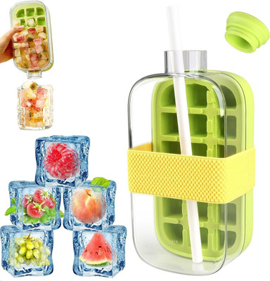 Arav Impex 2 in 1 Zero Touch Press Ice Cube Mold Water Bottle with Lid for Freezer Multicolor Plastic, Silicone Ice Cube Tray(Pack of1)