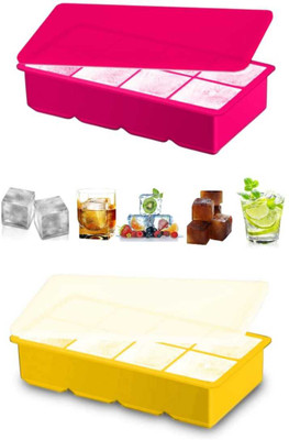 DHONI Square 2 Inch Big Ice Cube Tray For Freezer With Lid Pink, Yellow Silicone Ice Cube Tray(Pack of1)