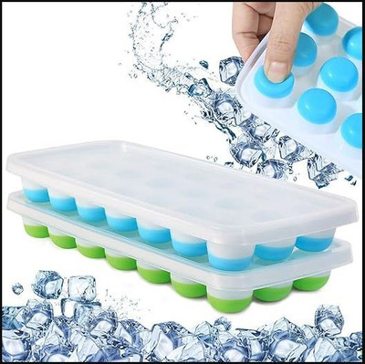PodCart Pop Up Ice Cube Tray, 21 Pop Up Ice Cube Tray with Lid with Easy Release Bottom Blue, Green Plastic Ice Cube Tray(Pack of2)