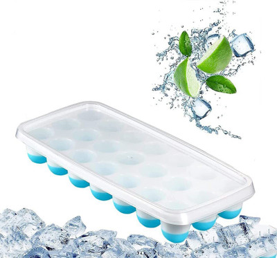 RBGIIT 21 Cavity Pop Up Ice Cube Tray with Lid, Easy Release Flexible Silicone Bottom Blue Silicone Ice Ball Tray(Pack of1)
