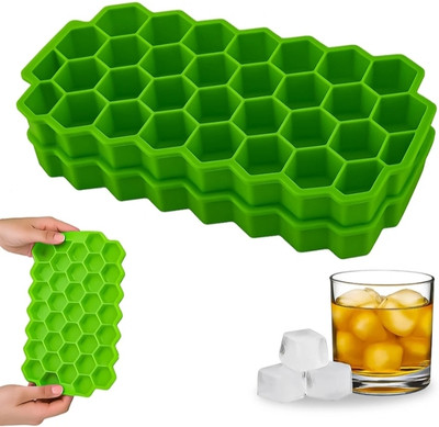 Kamview 2Pcs Flexible Honeycomb Shape ice cube maker tray Molds 37 Cavity Blocks Green Silicone Ice Cube Tray(Pack of2)